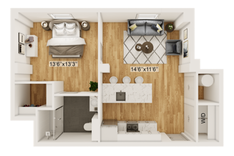 Floor plan for 1 bed, 1 bath, 662 sqft